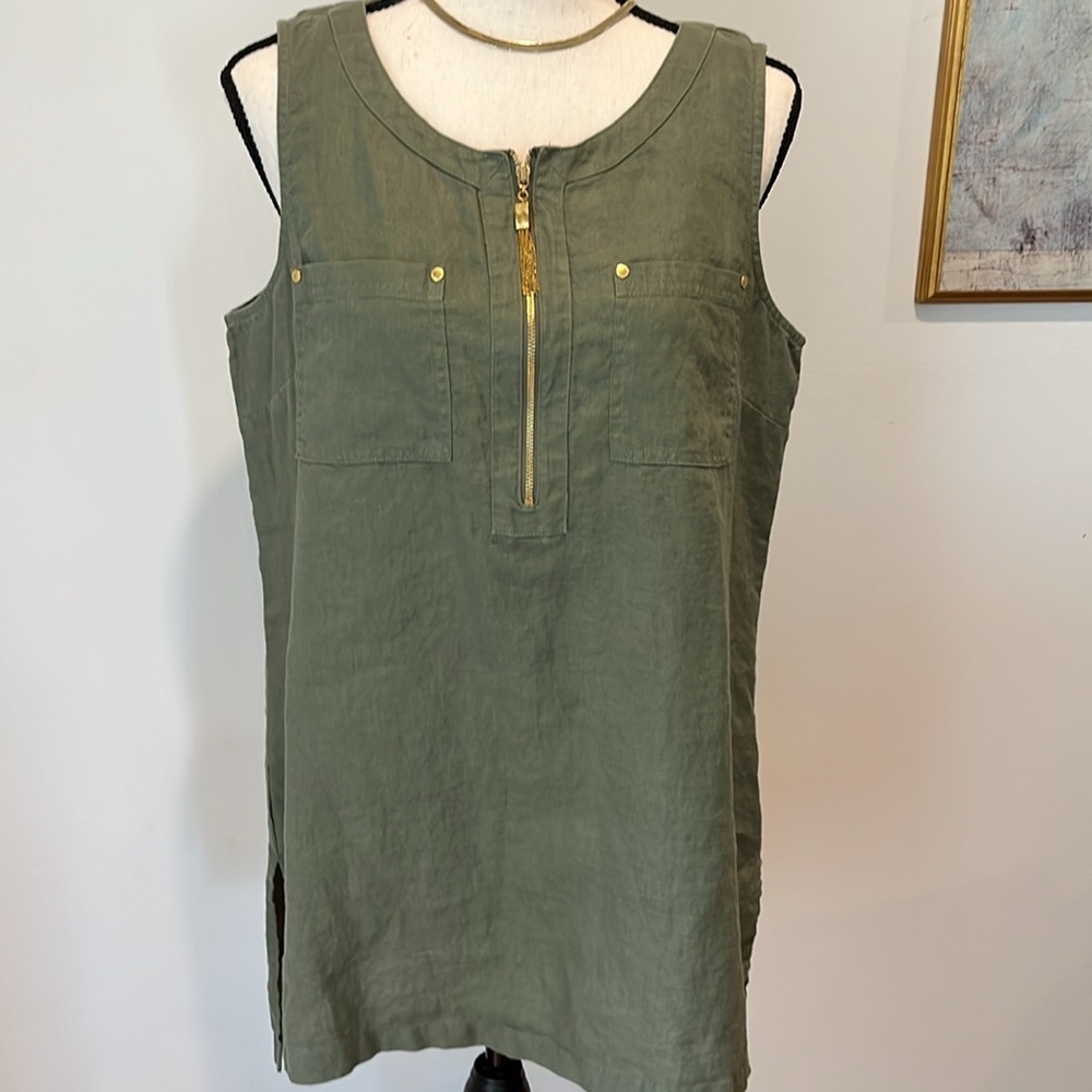 Ellen Tracy Olive Green Linen Gold Zipper Pockets Sleveless Tunic Top Washable M